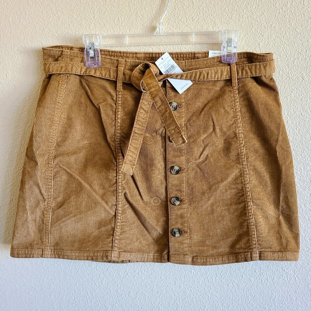 American Eagle Super Stretch Hi-Rise A-Line Belted Button Up Skirt Gold Corduroy